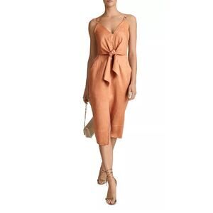 Reiss Kay Plunge Coral Linen Midi Sun Dress Tie Front Summer Minimalist XS